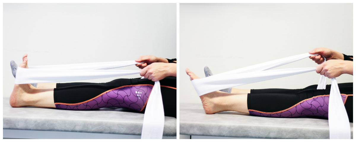 To bilder av en damelegg som gjør strekkeøvelser