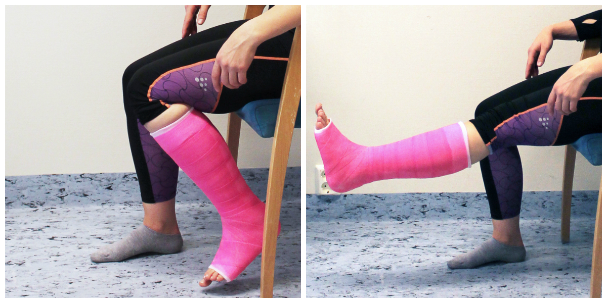 En kollasje av beina til en person som gjør strekkeøvelser i en stol