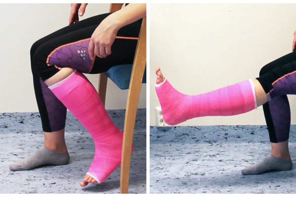 En kollasje av beina til en person som gjør strekkeøvelser i en stol