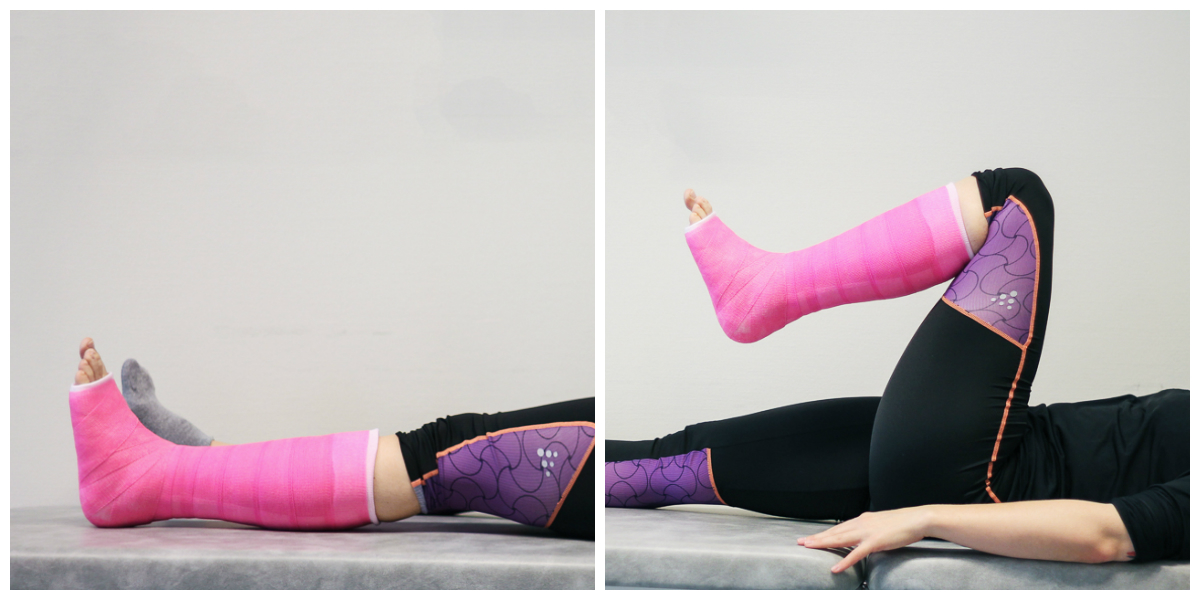 En kollasje av beina til en person som gjør strekkeøvelser på gulvet