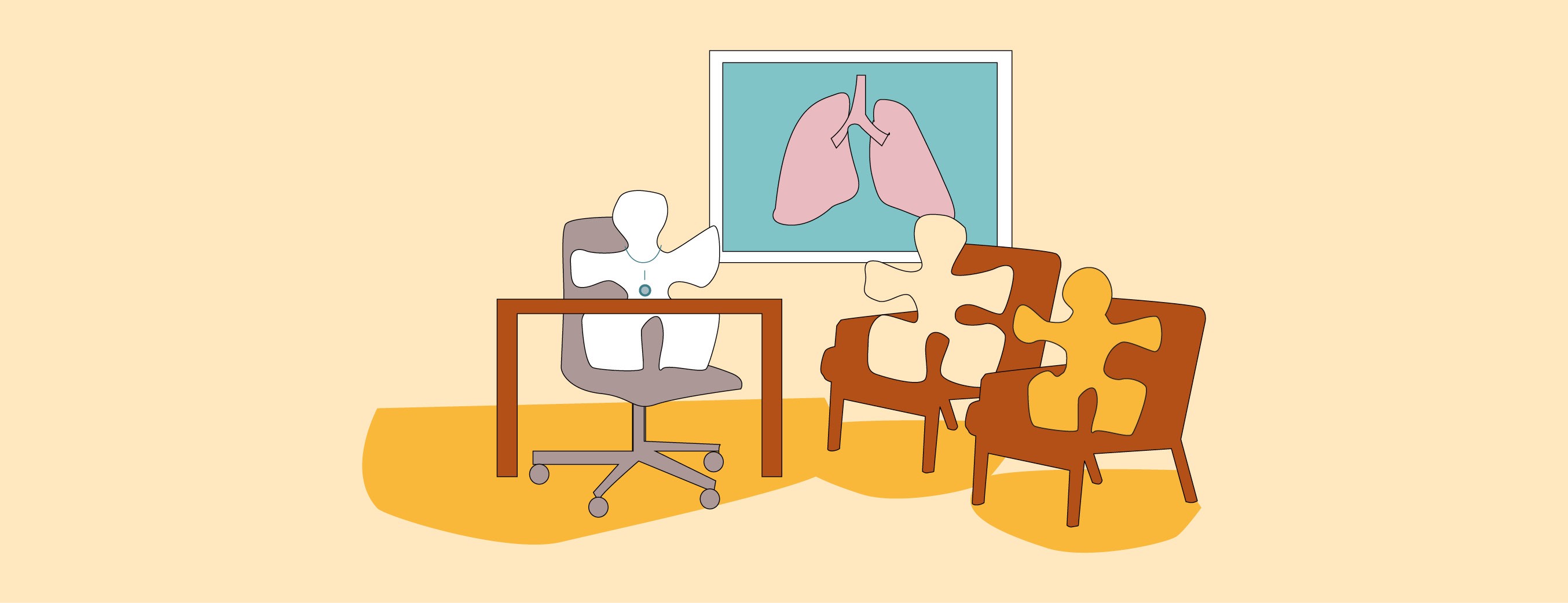 Diagram av tre stoler, figurer og en lungetegning