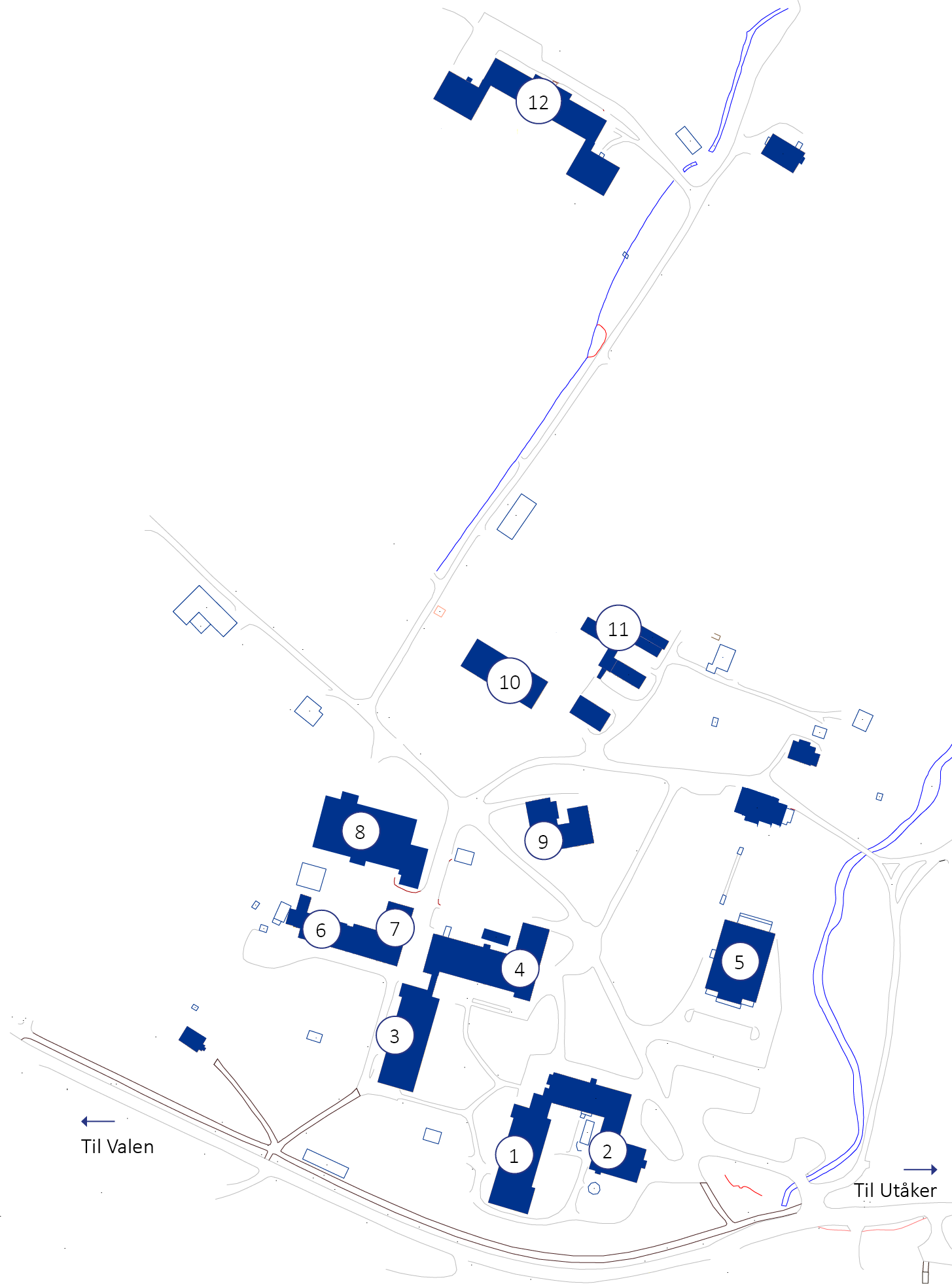 Kart visar kvar bygningane er lokalisert ved sjukehuset