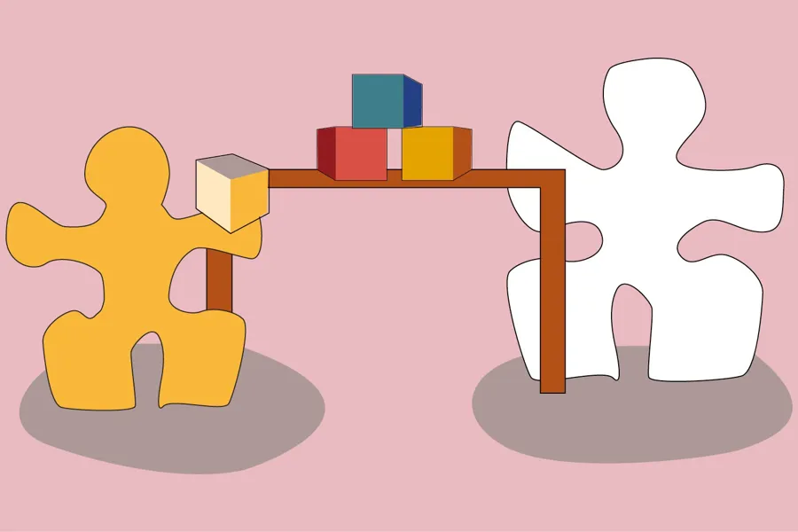 Illustrasjon av to menneskefigurar som leiker