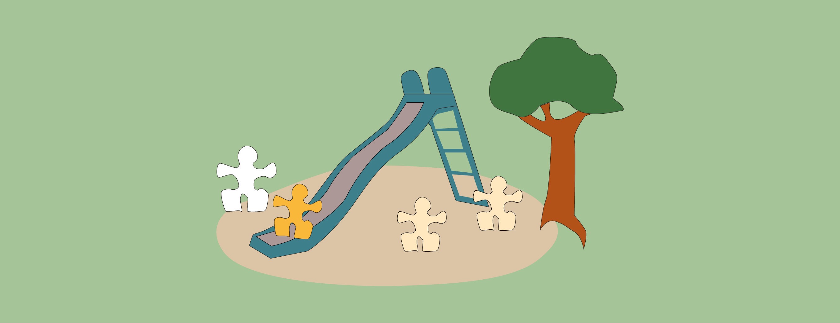 Illustrasjon som viser ein lekeplass og fleire menneskefigurer som leiker