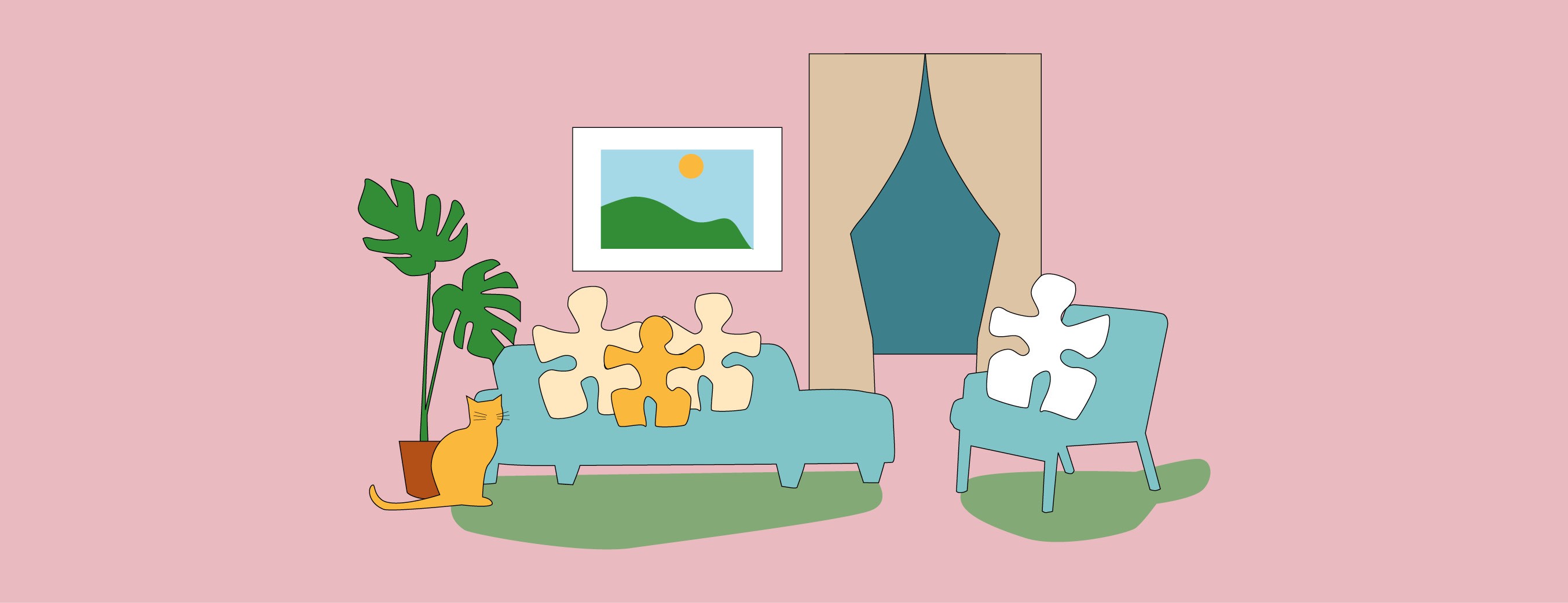 Ein illustrasjon som viser møbler i ei stue og menneskefigurar