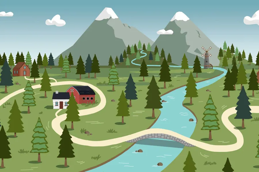 Tegning av et landskap med trær, hus og fjell