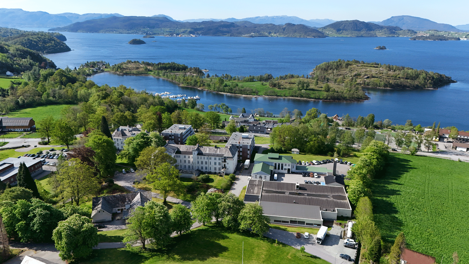 A hospital area by the water with buildings and trees around it