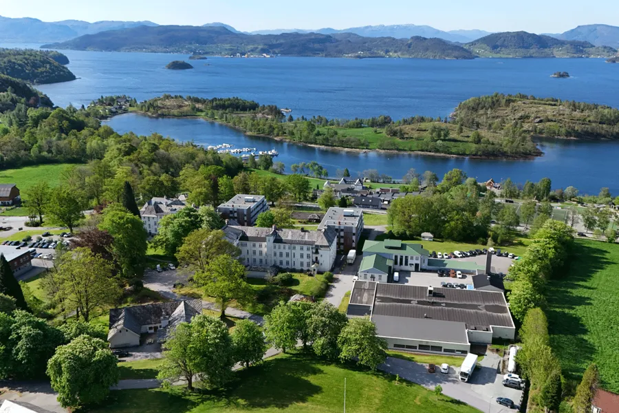 A hospital area by the water with buildings and trees around it