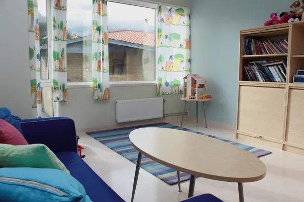 Rom med sofa, bord og bøker