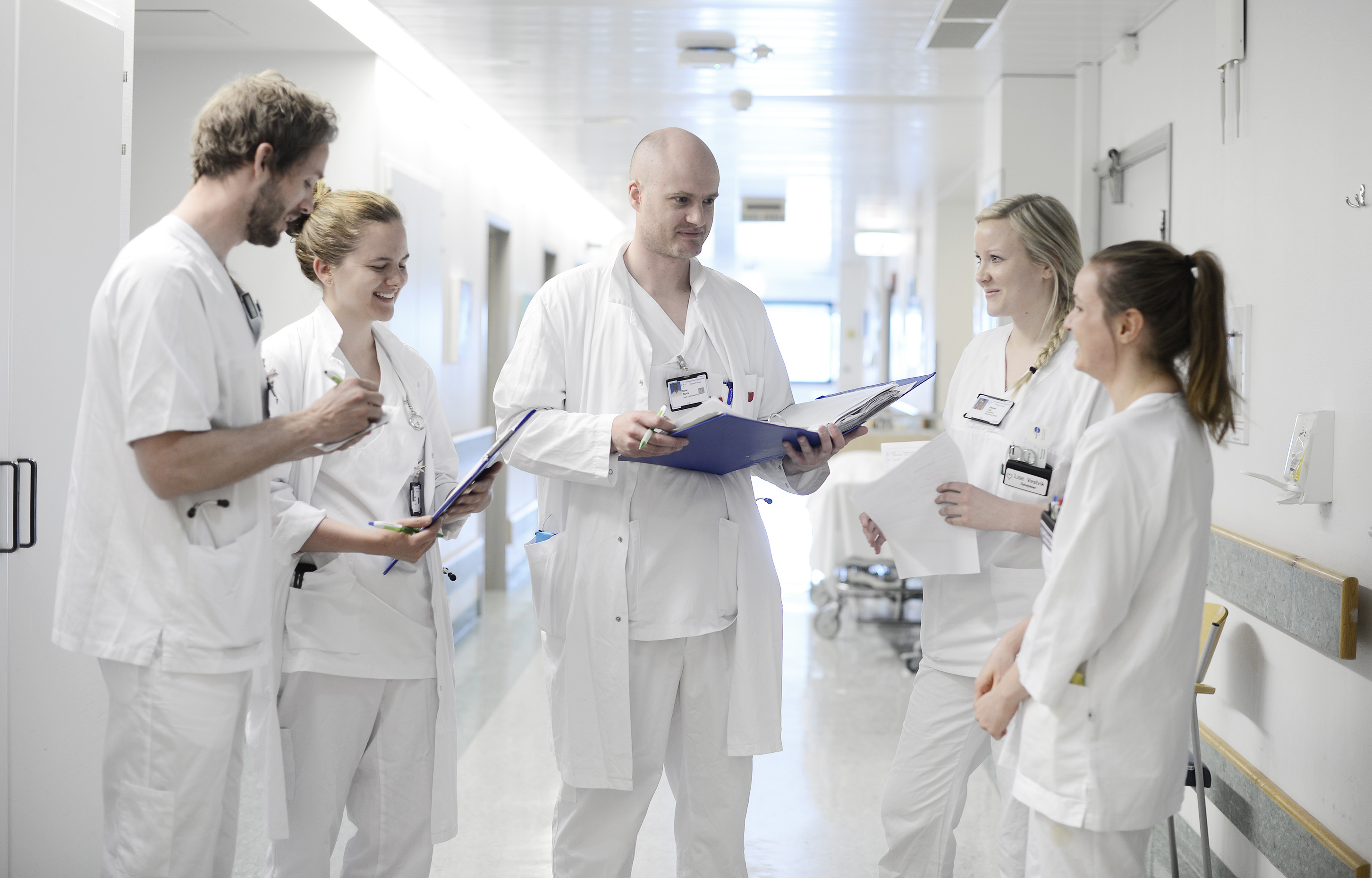 En gruppe mennesker i hvite uniformer som ser på et papir