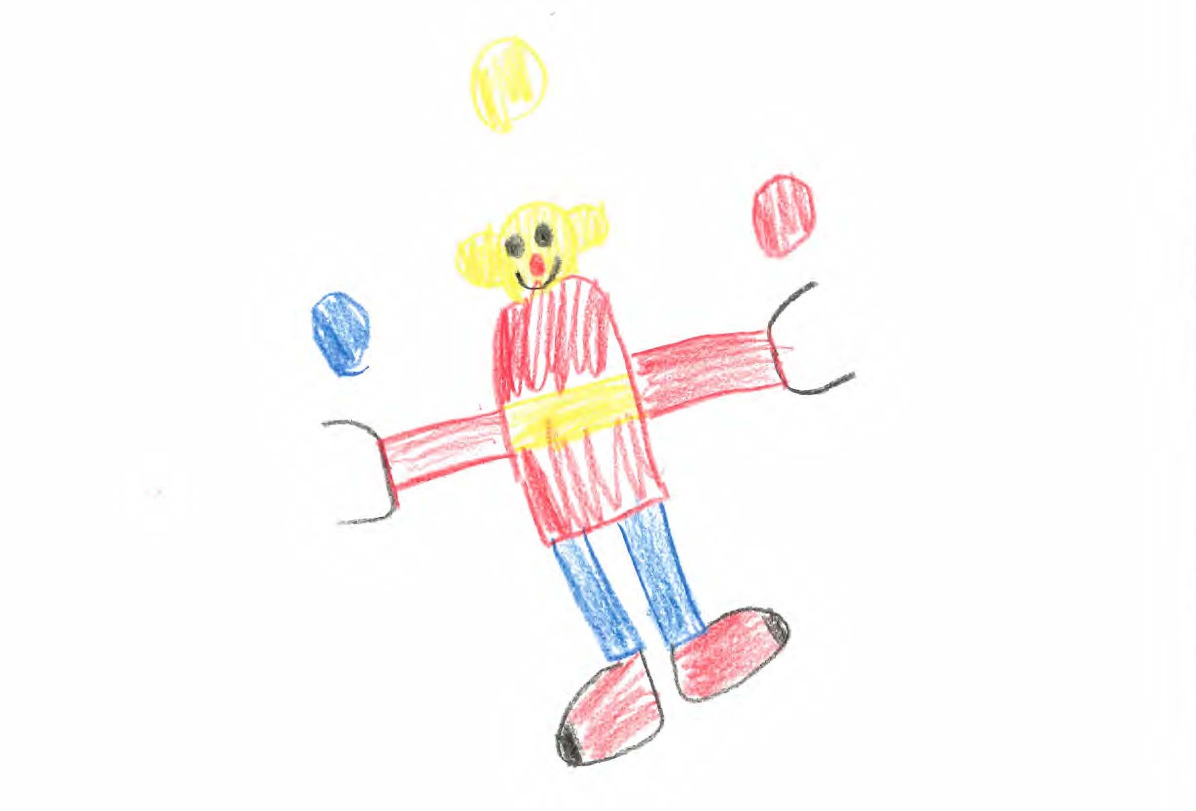 Ein barneteikning av ein figur som sjonglerer.