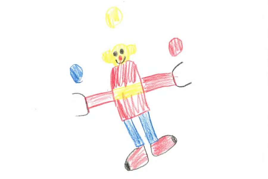 Ein barneteikning av ein figur som sjonglerer.