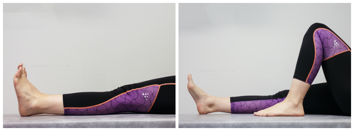 Et par føtter iført lilla og svarte tøfler