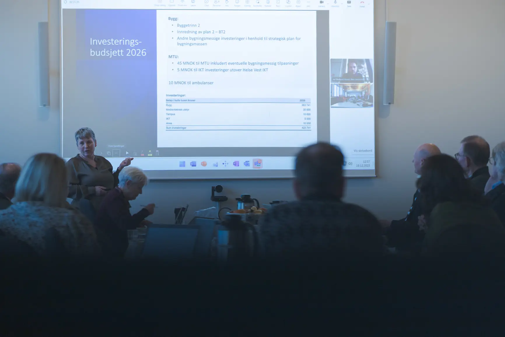 En gruppe mennesker som sitter foran en projektorskjerm